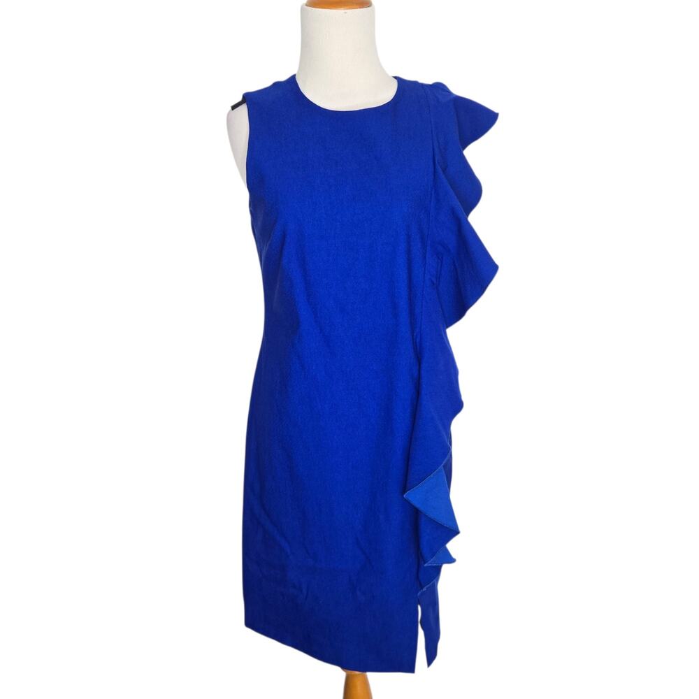 Sara Campbell Women Sheath Dress Ruffled Stretch Royal Blue Classic Chic 10